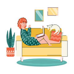 Woman at home using laptop on sofa - female cartoon character sitting on cozy living room couch waving to web camera, vector illustration of person with computer