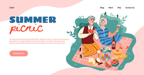 Old couple on summer picnic - website banner with cartoon senior people eating delicious food on picnic blanket. Romantic outdoor date vector illustration.