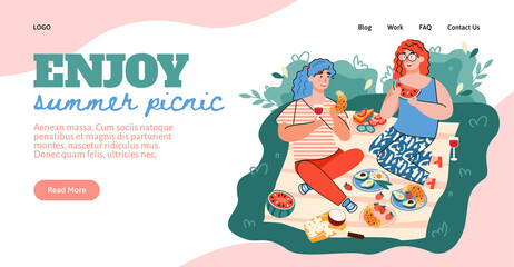 Website interface with header calling to enjoy summer picnic and couple eating outdoors, flat vector illustration. Landing page for picnic arranging services and places.
