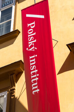 Prague, Czech Republic - July 23, 2020: Vertical banner of the Polsk&yacute; Institut V Praze, the Polish Institute in Prague, a subsidiary institution of the Ministry of Foreign Affairs of Poland
