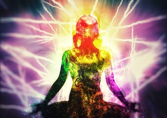 ヨガのポーズで瞑想する抽象的な女性のシルエット