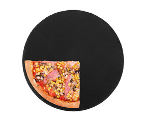 A quarter of delicious pizza with chicken breast, corn, bacon and mushrooms, on a black slate plate, isolated on white background
