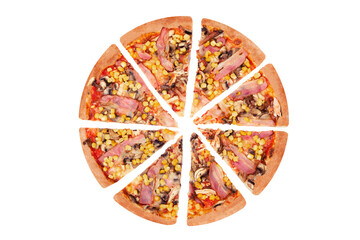Italian sliced pizza with chicken breast, corn, bacon and mushrooms, isolated on white background, top view