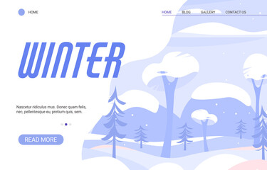 Winter season of nature. Winter landscape with snowfall, trees and mountains. Vector flat illustration. Landing page template.