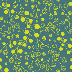 Floral dots and branches lime and green grey silhouette seamless pattern background
