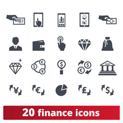Finance, money, banking vector icons set. Pictogram collection related to money making, financial business and services, analytics, accounting. Business signs isolated on white background.