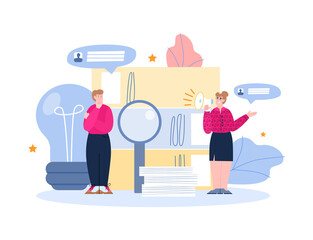 The concept the search and hiring new employees or workers. HR managers are offer vacancies for jobs and career. Welcome to the team. Flat colorful vector illustration.