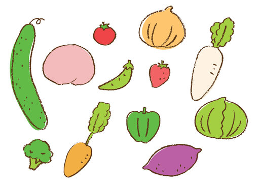 ラフなクレヨン画のフルーツと野菜イラストセット