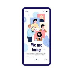 We are hiring - employee search mobile app banner with HR man looking at job candidates for future career. Smartphone screen with onboarding concept, vector illustration