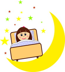 Little girl sleepeng in her bed, midnight time with stars and moon