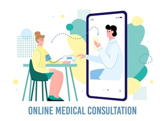 Obraz premium Remote medical consultation of a female patient and doctor. The therapist examines the patient using a mobile phone. Concept of medical care online. Flat vector illustration