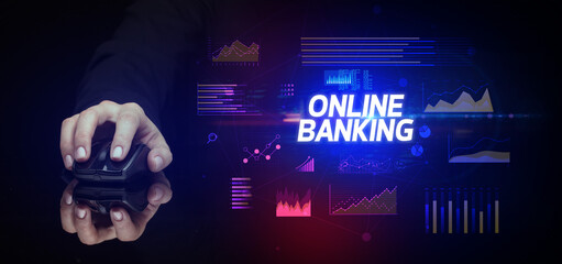 hand holding wireless peripheral with ONLINE BANKING inscription, cyber business concept
