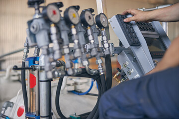 Close up of male hand pushing the button