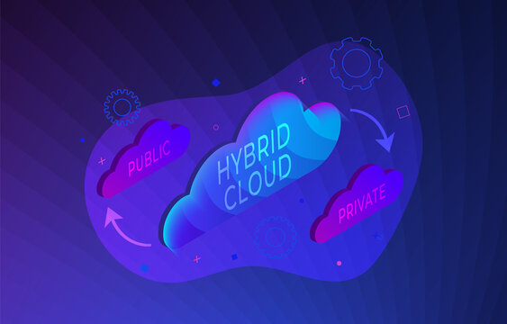 Hybrid Cloud vector concept illustration. Hybrid Cloud a combination of related private and public clouds business computing IT infrastructure.