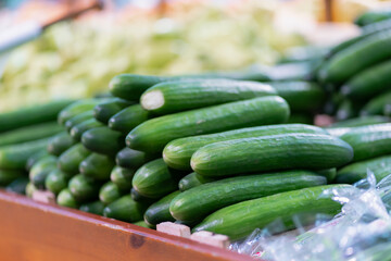 fresh cucumbers on the counter in the store