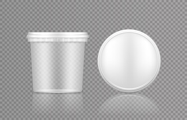 Empty transparent bucket with cap top view mockup for ice cream, yoghurt, mayo, paint, or putty. Plastic package design. Blank food or decor product container template. 3d vector illustration