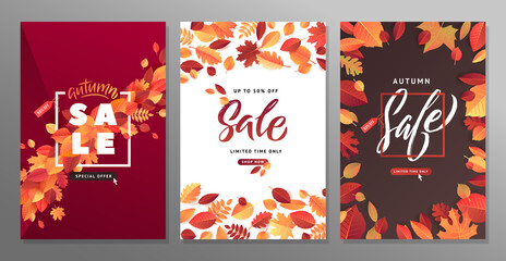 Autumn Fall Season Sale Banner Set. Colorful fall leaves and advertising discount text. Vector background design.