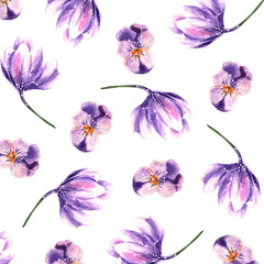 Fototapeta na wymiar Seamless watercolor pattern of crocus and pansies purple flowers isolated on white. Hand drawn elegant delicate backdrop for wrapping or decoration, wedding invitation or textile or fabric print