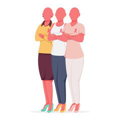 Bald Female Group wear Breast Cancer Ribbon in Standing Pose on White Background.