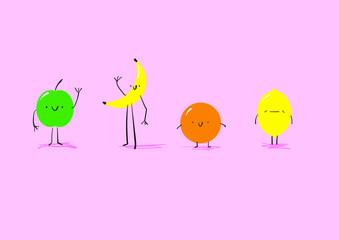 Vector illustration of happy fruit characters, featuring an apple, banana, orange and lemon