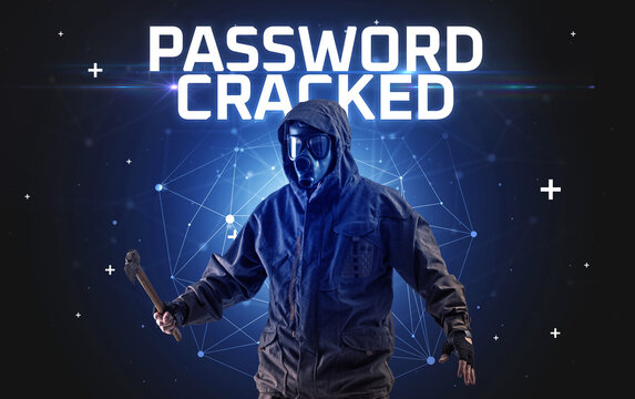 Mysterious hacker with PASSWORD CRACKED inscription, online attack concept inscription, online security concept
