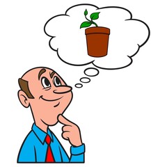 Thinking about a Potted Plant - A cartoon illustration of a man thinking about a potted plant.