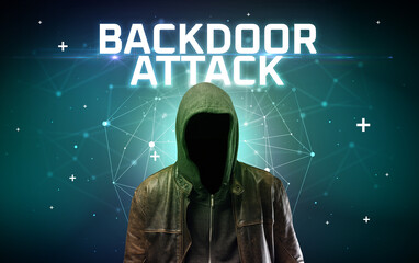 Mysterious hacker with BACKDOOR ATTACK inscription, online attack concept inscription, online security concept