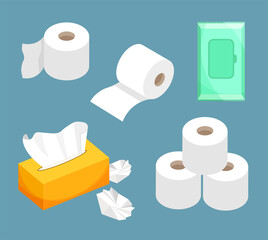 Tissue paper set, wet wipes, toilet paper roll. Use for toilet,  bathroom, kitchen. Modern flat icons in a trendy flat style.