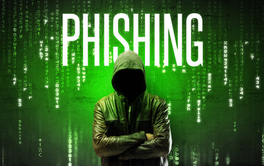 Faceless hacker with PHISHING inscription, hacking concept