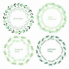 Herbal watercolor circle wreath frame templates set with copy space for text. Hand drawn leaves, grass.
