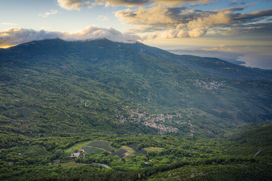 Panorama of Volos and villages of Agios Georgios Nileias and Agios Lavrentios at mount Pelion, Greece