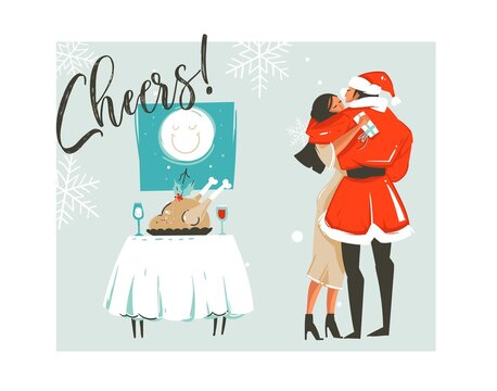 Hand drawn vector abstract Merry Christmas time cartoon retro vintage illustrations card with romantic couple who kissing and hugging,xmas dinner and Cheers text isolated on white background