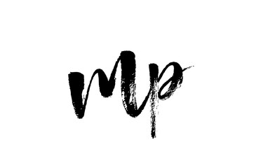 MP M P alphabet letter logo icon combination. Grunge handwritten vintage design. Black white color for business and company