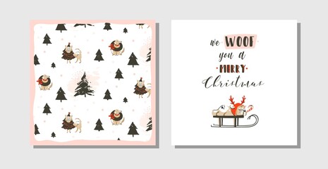 Hand drawn vector abstract fun Merry Christmas time cartoon cards collection set with cute illustrations,pug dog on sleigh and modern typography text isolated on white background