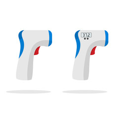 Isometric Medical Digital Non-Contact Infrared Thermometer. It measures the ambient and body temperature without contact with colored warning symbols.