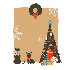 Hand drawn vector abstract Merry Christmas and Happy New Year time vintage cartoon illustrations greeting card template with xmas tree,pet dogs and place for your text isolated on brown background