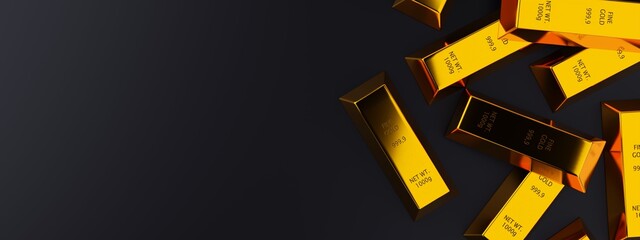 Shiny gold ingots or bars on dark black background with copy space top view flat lay from above - precious metal or money investment concept, 3D illustration