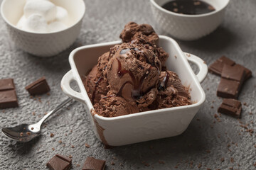 Chocolate ice cream. Ice cream with caramel and chocolate. Close up ice cream