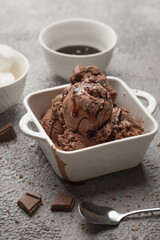 Chocolate ice cream. Ice cream with caramel and chocolate. Close up ice cream