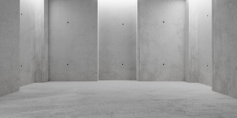 Abstract empty, modern concrete walls room with indirect lit backwall with opening and rough floor - industrial interior or gallery background template