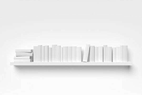 Single book shelf with white books on white wall, literature, book collection or bookshop concept