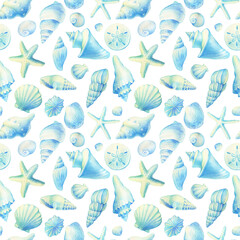 Seamless pattern with underwater life objects - blue sea shells, marine starfish. Watercolor hand drawn painting illustration isolated on white background.
