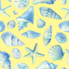 Seamless pattern with underwater life objects - blue sea shells, marine starfish. Watercolor hand drawn painting illustration isolated on yellow background.