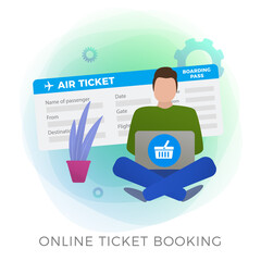 Flight Ticket Online Booking flat vector icon. Man makes his journey reservations  with mobile app or website service for reserving travel holiday or buying and booking vacation air tickets