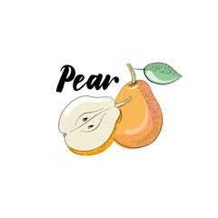 Vector image of a pear - whole and cut half of a pear. Sticker with the title 