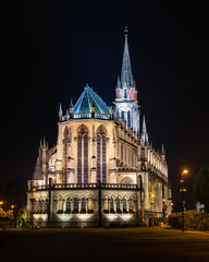 Fototapeta na wymiar Night view of Basilica of Our Lady of Refuge in Rouen. First church in France to be built in the Gothic Revival style.