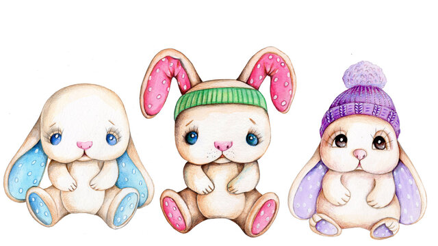 Three cute cartoon bunny rabbits toy hare girls, sitting. Watercolor illustration, isolated, hand painted.