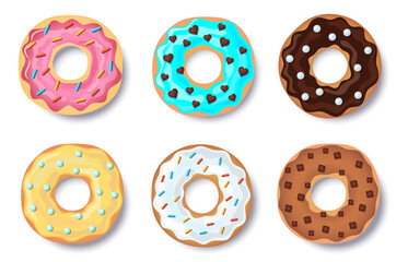 Donut r set, collection of colorful doughnut cakes, with caramel and chocolate topping and colorful candy, isolated on white background with shadow