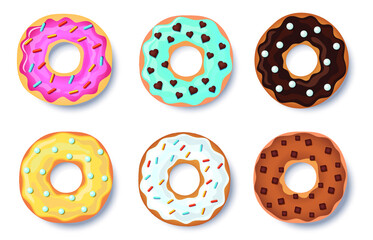 Donut vector set, collection of colorful doughnut cakes, with caramel and chocolate topping and colorful candy, isolated on white background with shadow