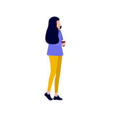 Woman talking on the phone and drinking coffee walking down the street. Vector illustration, flat design.